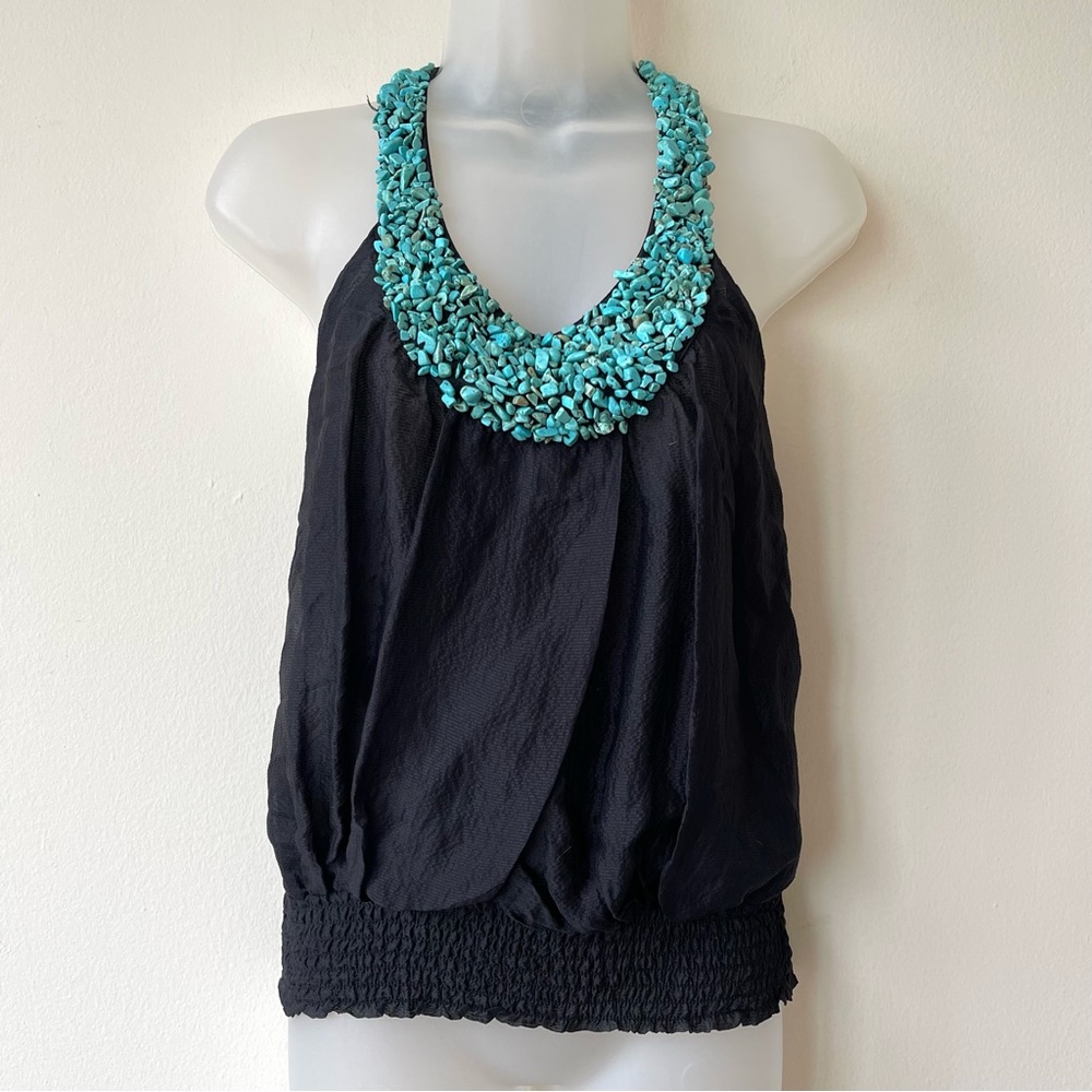 BEBE  Silk Top XS Black Turquoise Beaded Halter Neck Silk Cami Boho‎ Glam
